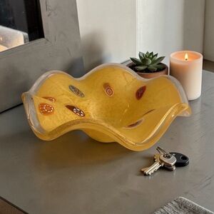 Vintage Yellow Art Glass Bowl Millefiori Ruffle Edge Hand Blown Style Decorative